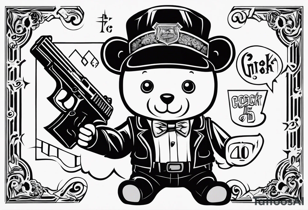 Teddy Baer wit red eyes and Glock 19 in the right hand and putting up 4s wit left hand tattoo idea