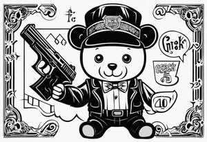 Teddy Baer wit red eyes and Glock 19 in the right hand and putting up 4s wit left hand tattoo idea