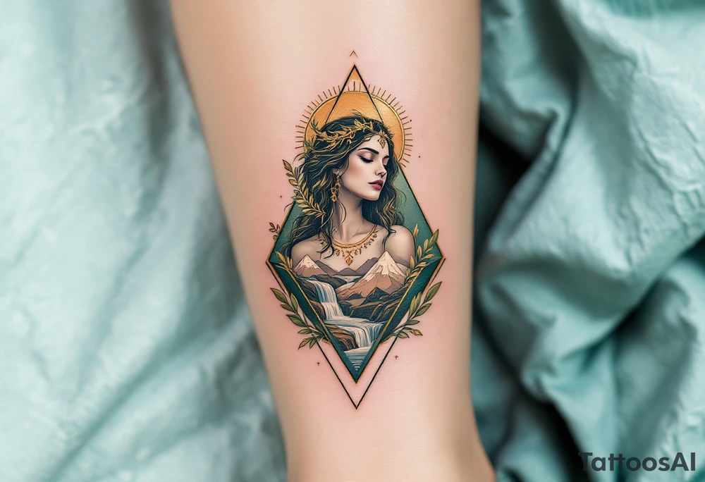 A modern geometric Virgo godess, featuring earth elements like mountains, leaves, and flowing water. The tattoo is crafted in olive green, warm beige, and gold accents, emphasizing Virgo’s deep-rooted connection to nature and wisdom. tattoo idea