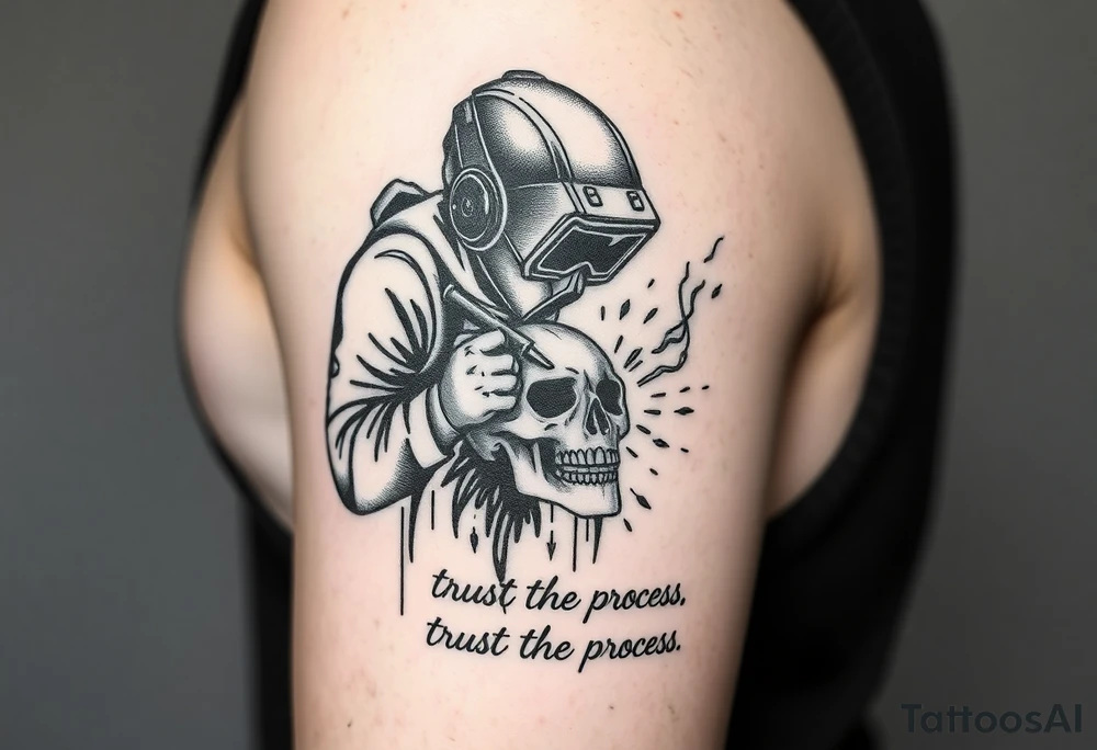 Create a tattoo, in black and white, of a welder, wearing a welder's helmet, from only the arms up, welding on a skull Include sparks, and subtle smoke throughout as well as the quote, trust the process, at the bottom where the arm meets the wrist. This needs to be sized for a forearm, tattoo idea