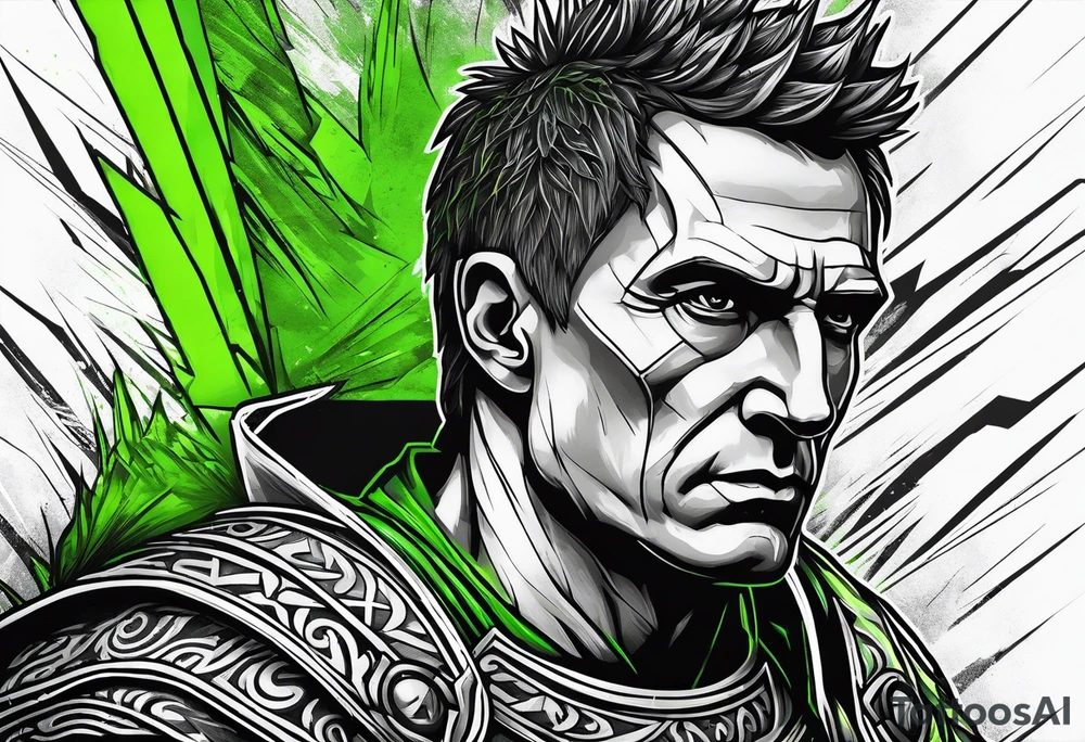 Julius Caesar tattoo with streaks of neon green lightning in the background tattoo idea