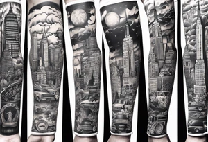 full arm sleeve tattoo based on new york city tattoo idea