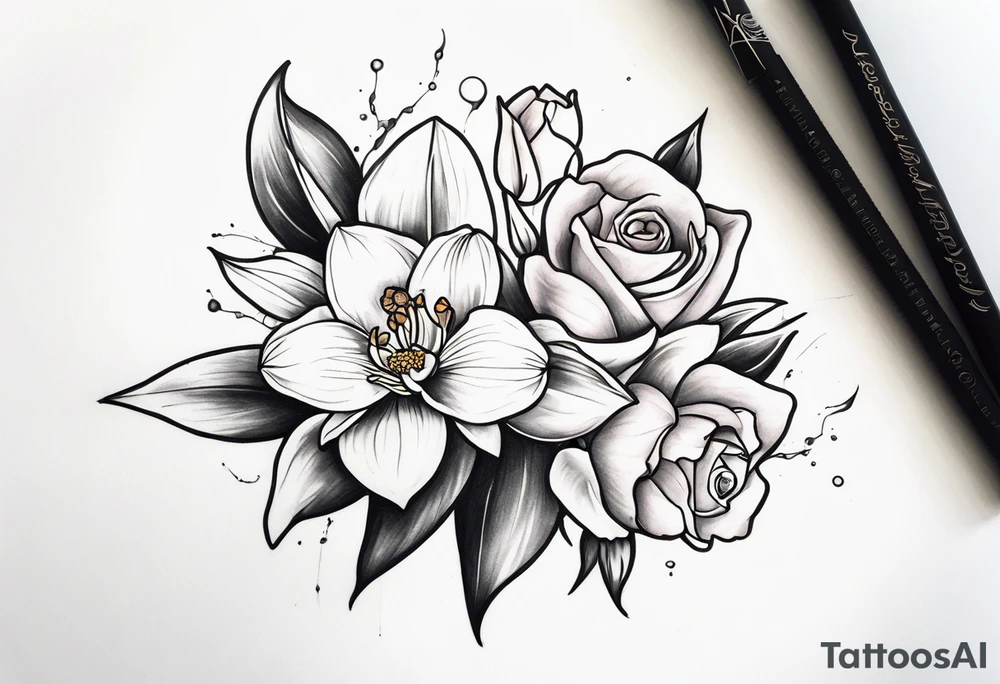 Cymbidium orchid and roses tattoo idea