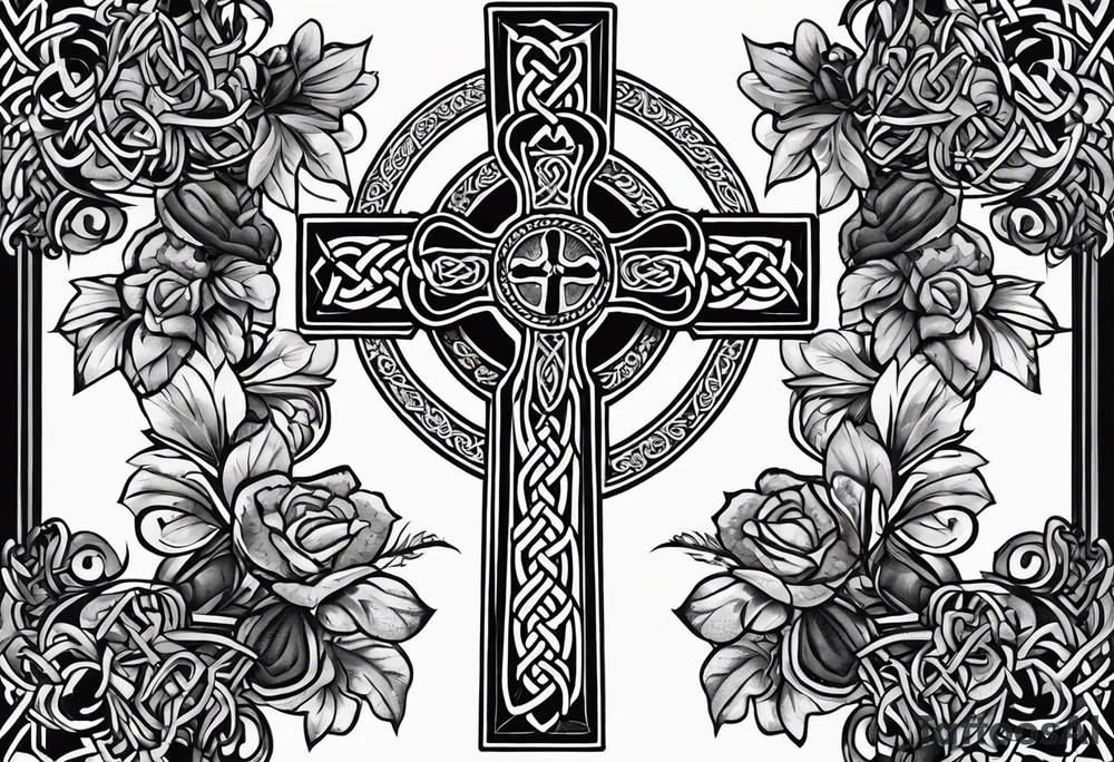 Celtic cross, shamrock in center, one Indian feather hanging from each side arm of cross tattoo idea