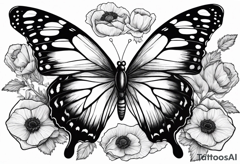 Butterfly with poppies INSIDE the top part of the wings. Bottom part should be left exactly like a butterfly tattoo idea