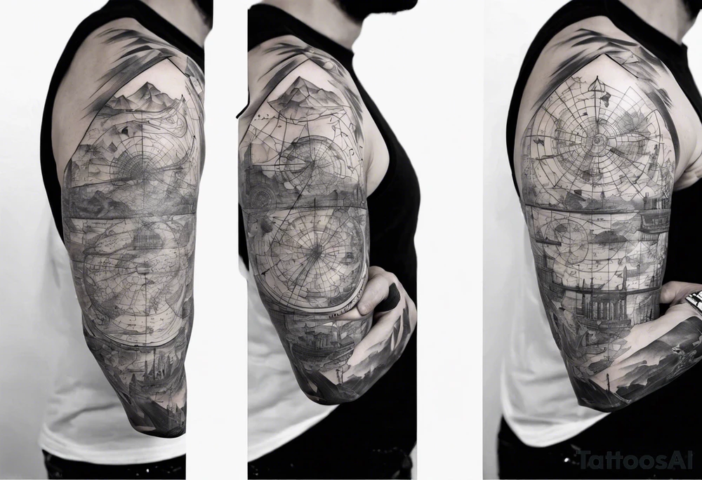 full arm tattoo for man with images of maps and travel and science tattoo idea