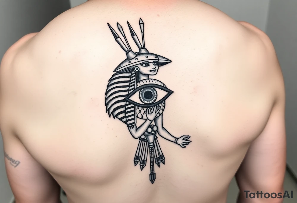 "Anubis as gold ufo. His staff is a satellite antenna. Floating Eye of Horus is a blockchain audit log.  

Style: Hyper-detailed blackwork. Thigh/calf placement." tattoo idea