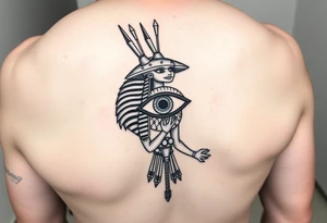 "Anubis as gold ufo. His staff is a satellite antenna. Floating Eye of Horus is a blockchain audit log.  

Style: Hyper-detailed blackwork. Thigh/calf placement." tattoo idea