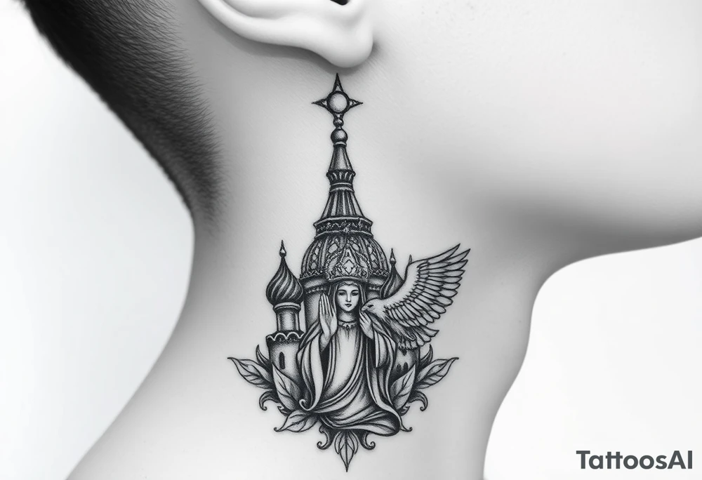 Flowing Scene

A single onion dome rising up toward the ear
Virgin Mary in prayer pose wrapping around the lower neck curve
A small eagle or just the star tucked above the dome near the hairline tattoo idea