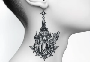 Flowing Scene

A single onion dome rising up toward the ear
Virgin Mary in prayer pose wrapping around the lower neck curve
A small eagle or just the star tucked above the dome near the hairline tattoo idea