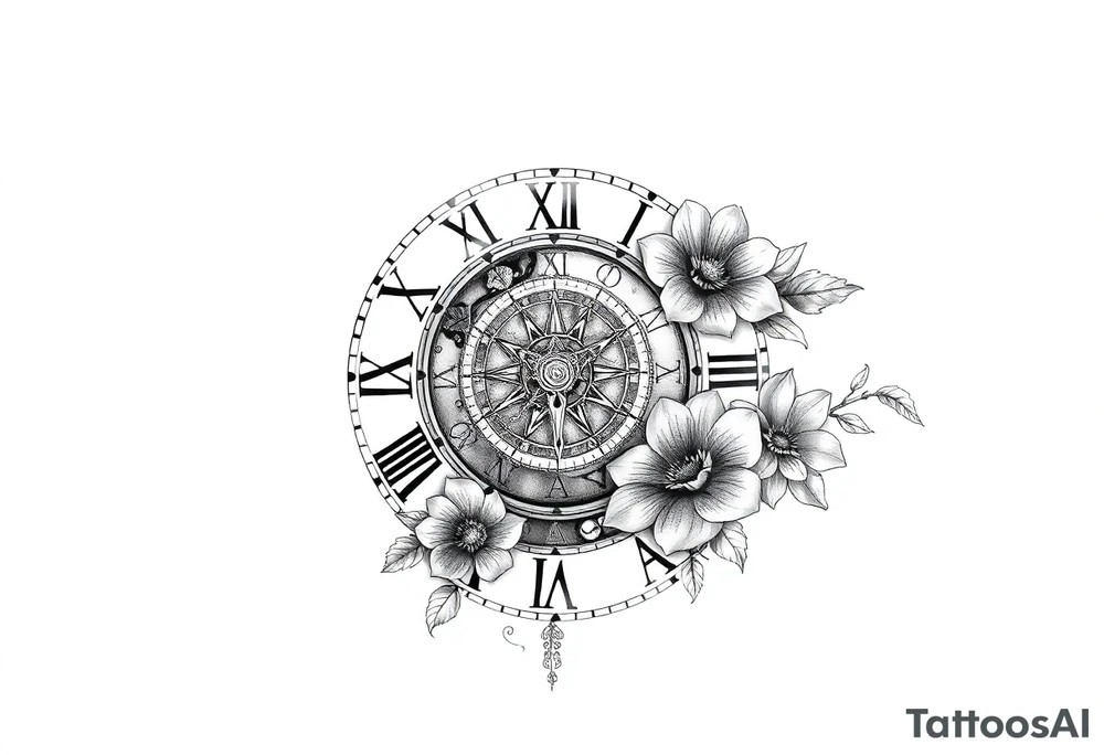 vintage roman numerals within ornate clockwork mechanism, with spaces for names, flowers tattoo idea