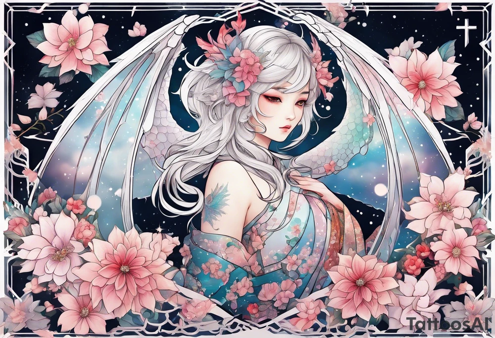 Constellation, wing , snow , cross , dragon female japan kawaii , flower tattoo idea