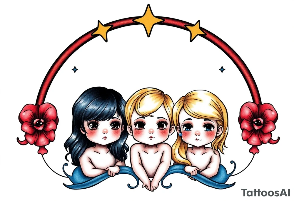 3 petites filles ( une cheveux noir et deux blondes)
sous un arc en ciel incomplet tattoo idea