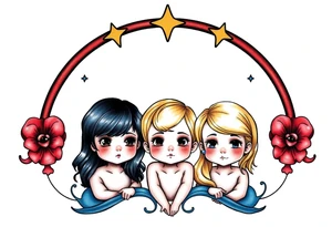 3 petites filles ( une cheveux noir et deux blondes)
sous un arc en ciel incomplet tattoo idea