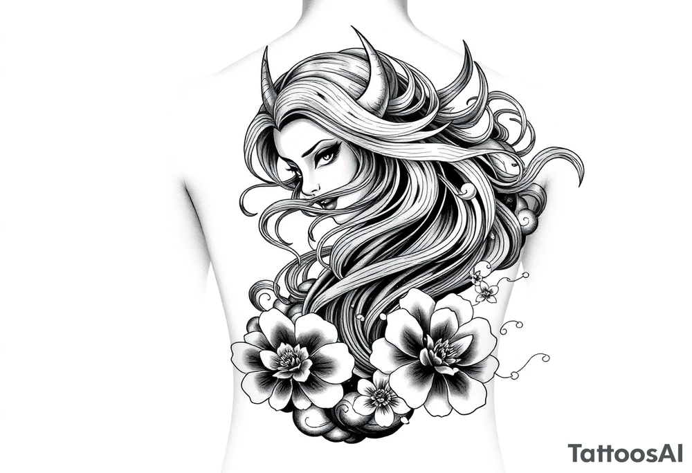 Full sleeve Japanese-inspired tattoo design featuring a beautiful female oni (demon woman) with an elegant, mysterious expression, one hand partially covering her face, long flowing hair integrated into swirling wind and wave patterns, large detailed chrysanthemums and peonies woven through the composition, dynamic negative space with bold black fills and smooth gradients, traditional Japanese cloud and water motifs, high-contrast black and grey with soft shading and sharp linework, balanced composition wrapping around the arm, modern neo-Japanese illustrative style. tattoo idea