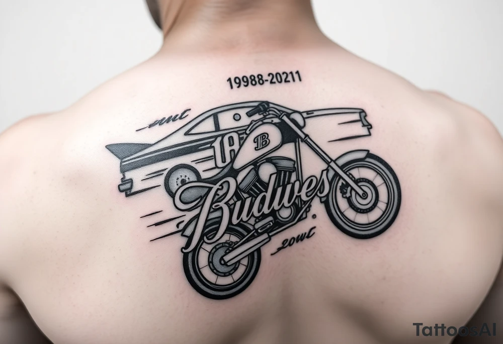 An arm tattoo with Dale Earnhardt car on it with the year 1958 - 2021 intertwined with a motorcycle with a Budweiser logo on it tattoo idea