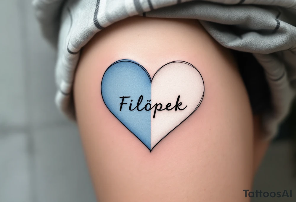 A two-tone heart, half sky blue and half white, featuring the name Filípek. tattoo idea