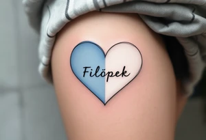 A two-tone heart, half sky blue and half white, featuring the name Filípek. tattoo idea