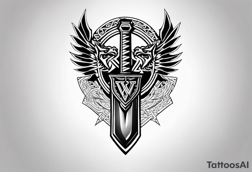 Valhalla sword shield dragon axe Valknut tattoo idea