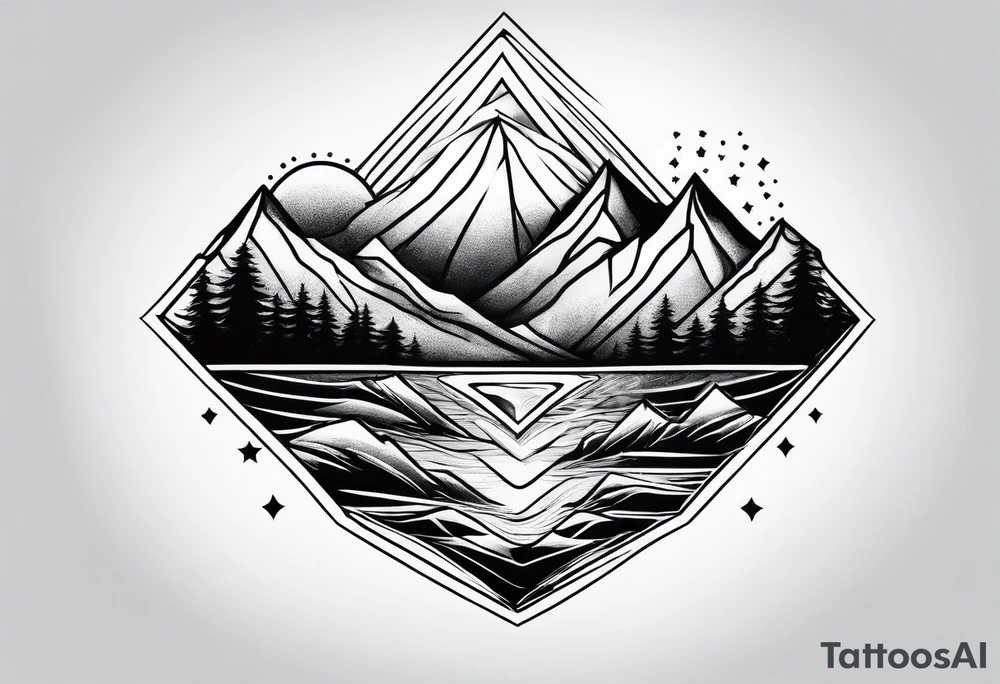 Mountains and ocean waves diamond shape tattoo idea