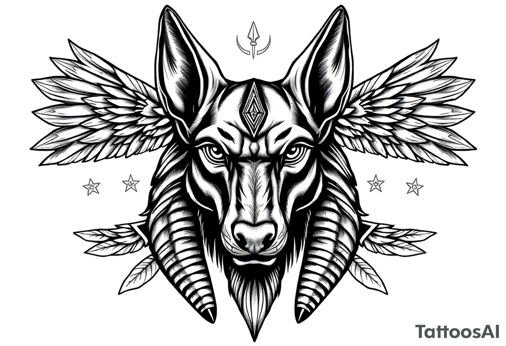 Egyptian Anubis god face muscle in Egypt style dog face surrounded Egyptian symbols based on elements tattoo idea