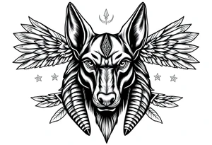 Egyptian Anubis god face muscle in Egypt style dog face surrounded Egyptian symbols based on elements tattoo idea