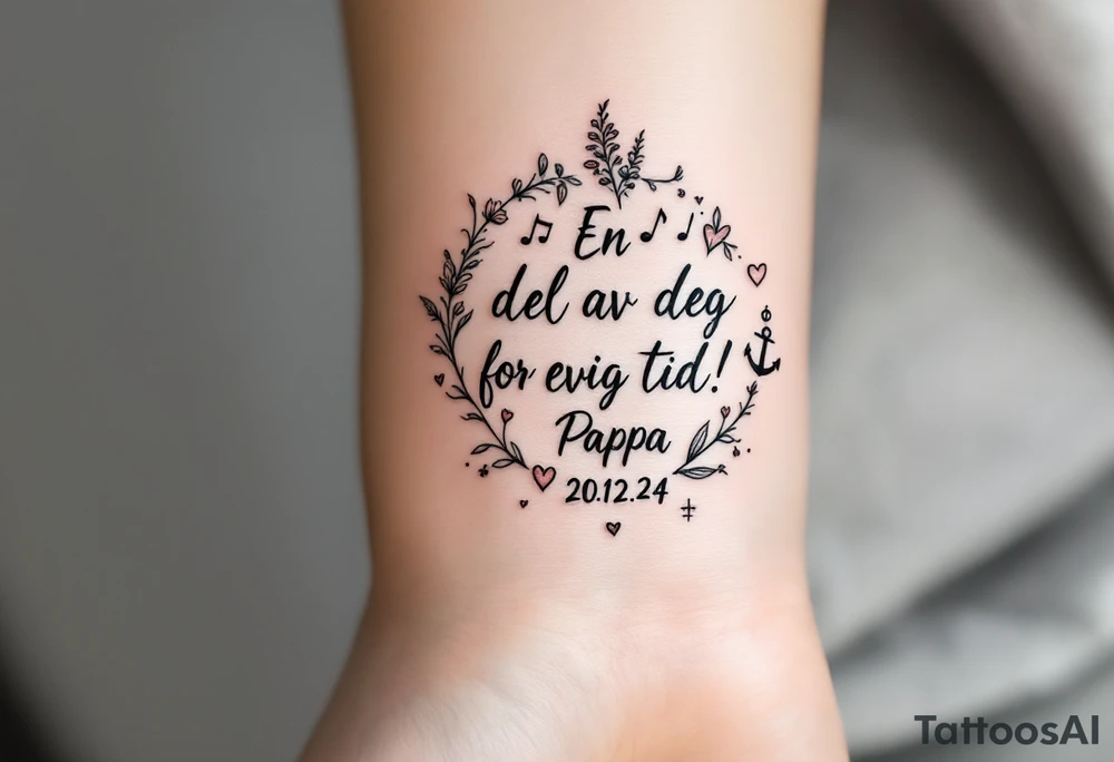 make a quote that says "En del av deg for evig tid! Pappa 20.12.24" Surrounded by gladiolus, music notes, hearts and an anchor tattoo idea