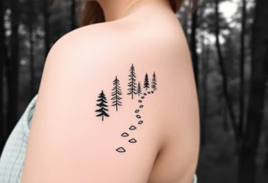 A path in the woods with mountains in the background. The path should be subtle and the tattoo should be fine line tattoo idea