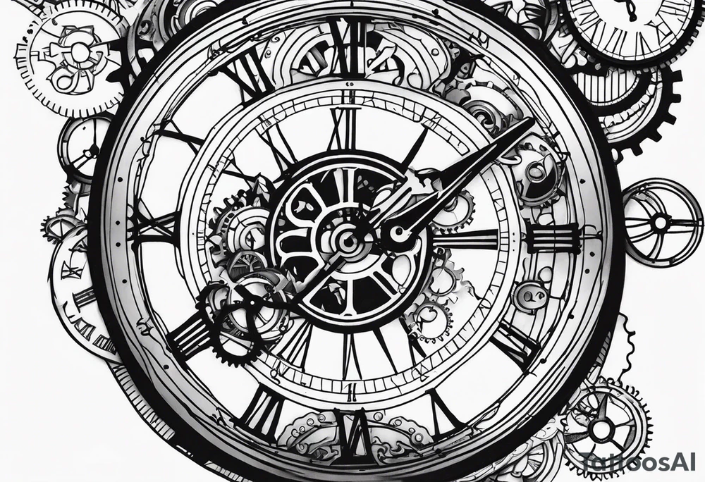 steampunk clock and machine parts tattoo idea