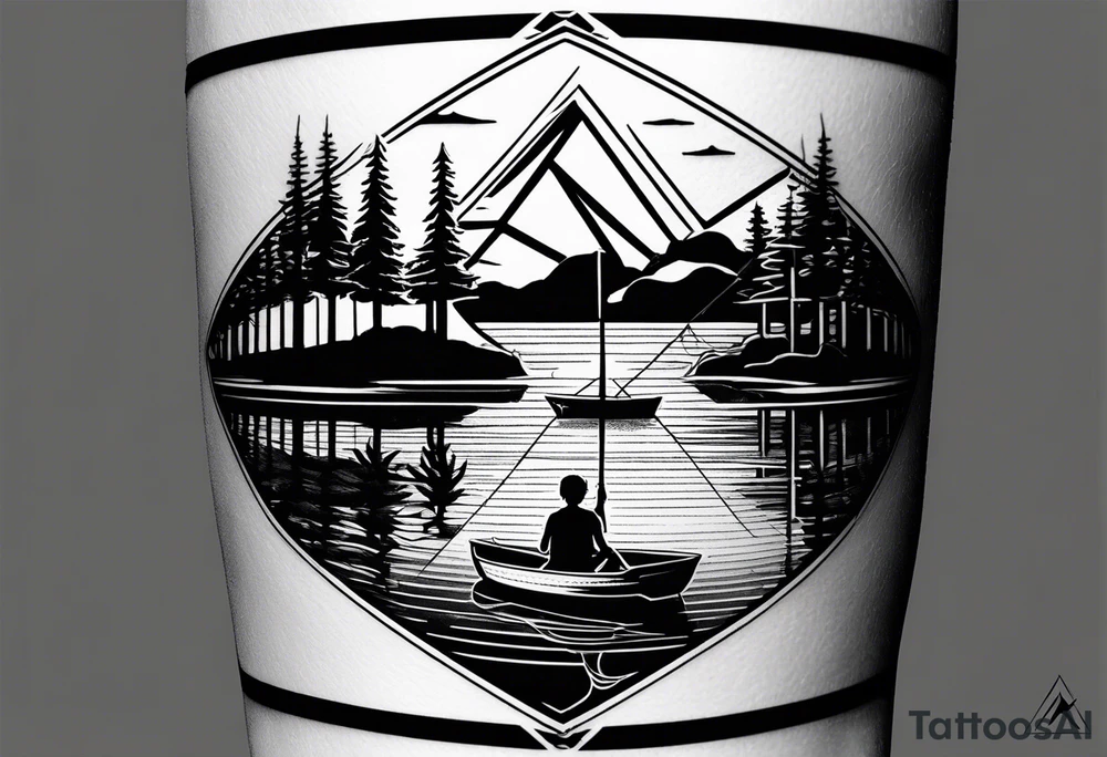 Triangular forearm tattoo set on a lake. At the bottom of the triangle there is a boat dock with a little boy fishing and a little girl reading. There are trees surrounding the lake. tattoo idea