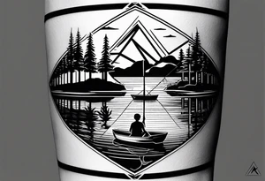 Triangular forearm tattoo set on a lake. At the bottom of the triangle there is a boat dock with a little boy fishing and a little girl reading. There are trees surrounding the lake. tattoo idea