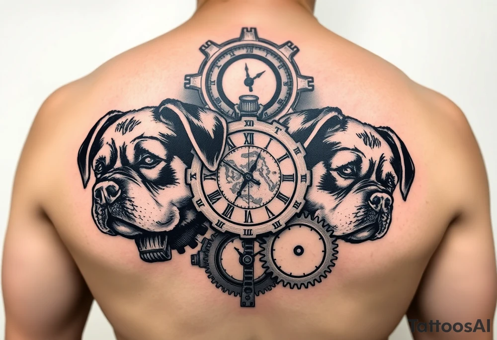 Gears that look like clocks Rottweilers mechanical sleeve tattoo idea