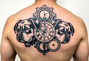 Gears that look like clocks Rottweilers mechanical sleeve tattoo idea