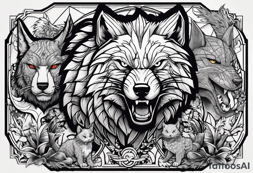 a super hero team which is combination of animals.
One is Badger/Wolverine One is Bull One is Wolf One is Axolotl One is Canary One is Lizard One is Cat tattoo idea