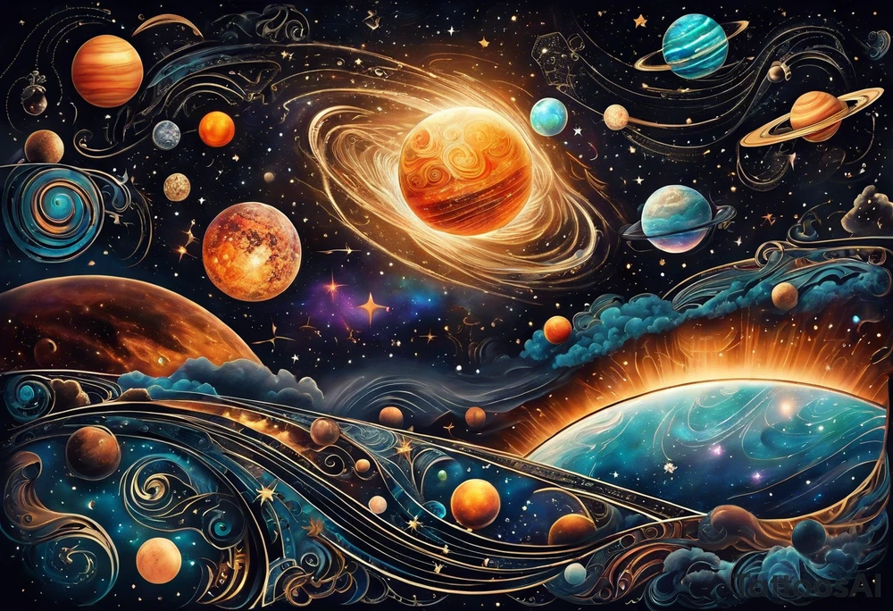 A tattoo featuring a cosmic scene with planets, black holes, and supernovae intertwined with intricate linguistic symbols, reflecting the client's interests in cosmology and linguistics. tattoo idea