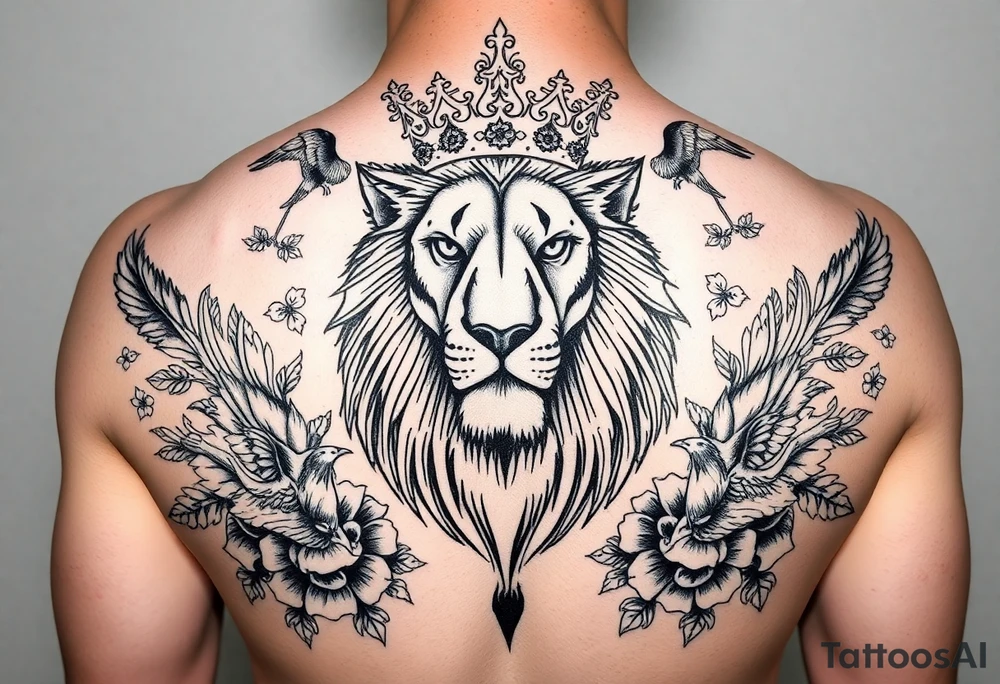 powerful majestic lion with a crown, surrounded by floral ornaments and birds tattoo idea