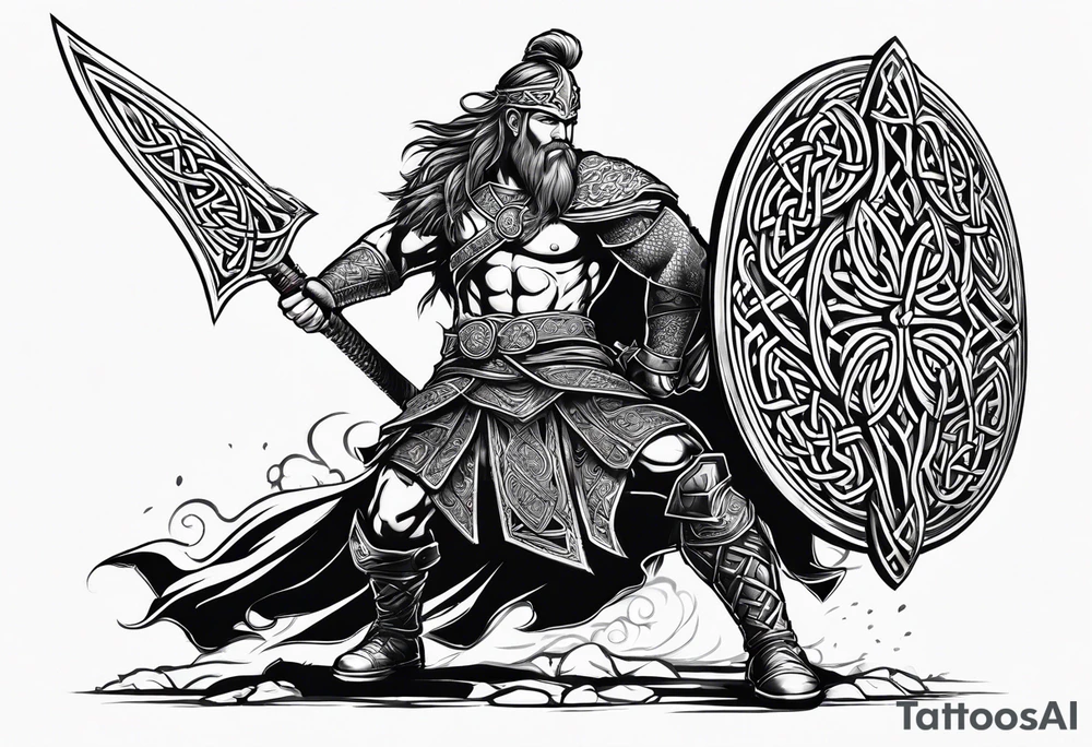 Side full body shot of Celtic warrior with weapon unsheathed. tattoo idea
