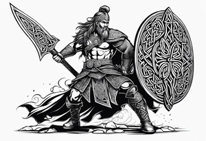 Side full body shot of Celtic warrior with weapon unsheathed. tattoo idea