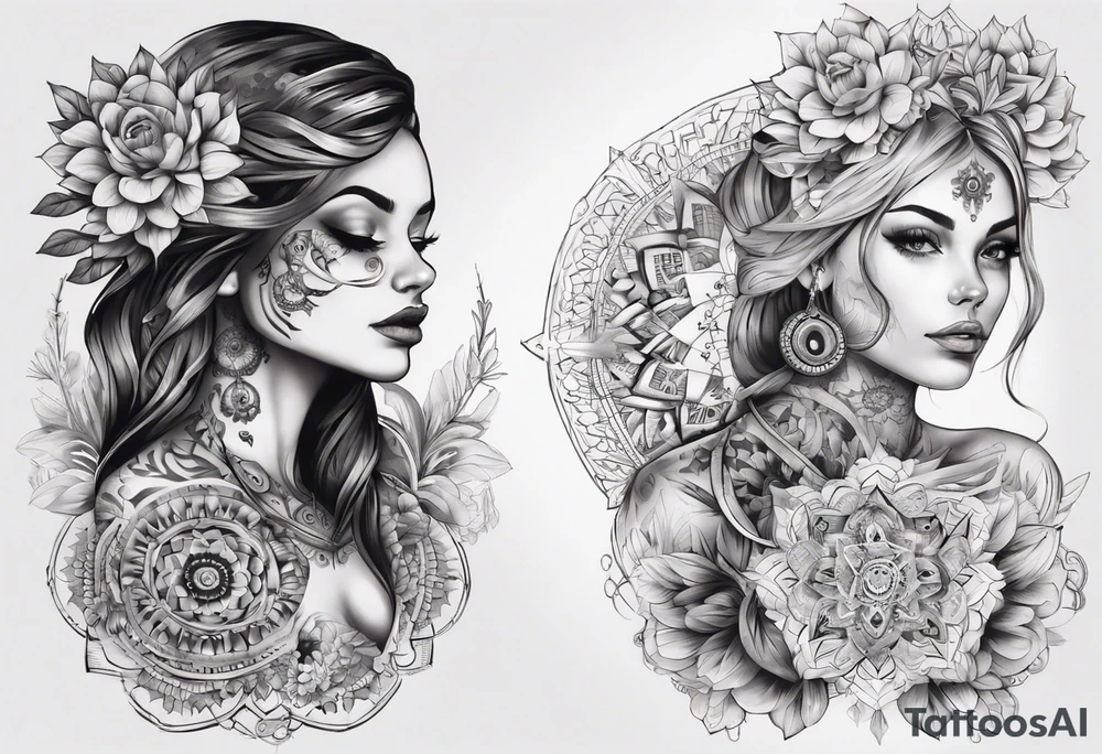 tattoo on both arms going to the chest. mixing mandalas with beautiful girls tattoo idea