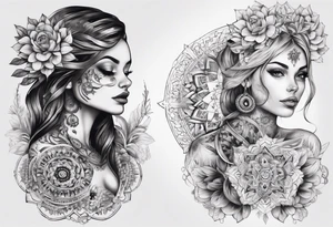 tattoo on both arms going to the chest. mixing mandalas with beautiful girls tattoo idea