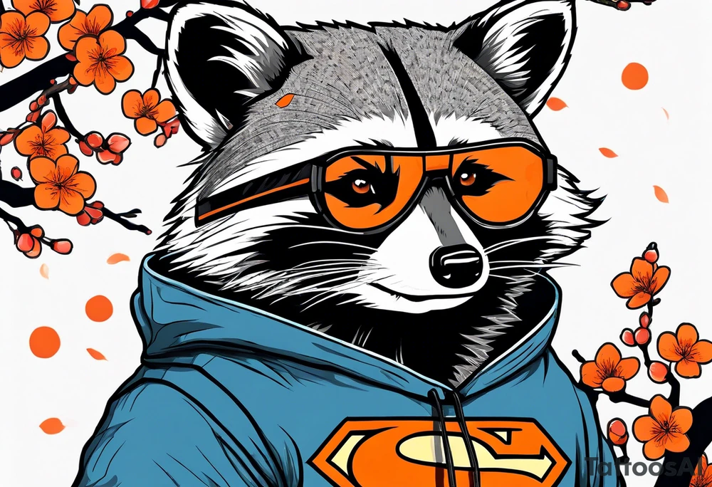 raccoon wearing a black and white Superman hoodie and orange Japanese cherry blossoms tattoo idea