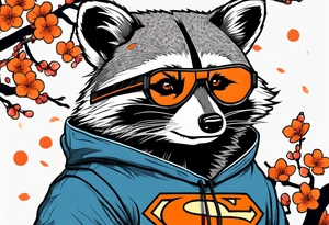 raccoon wearing a black and white Superman hoodie and orange Japanese cherry blossoms tattoo idea
