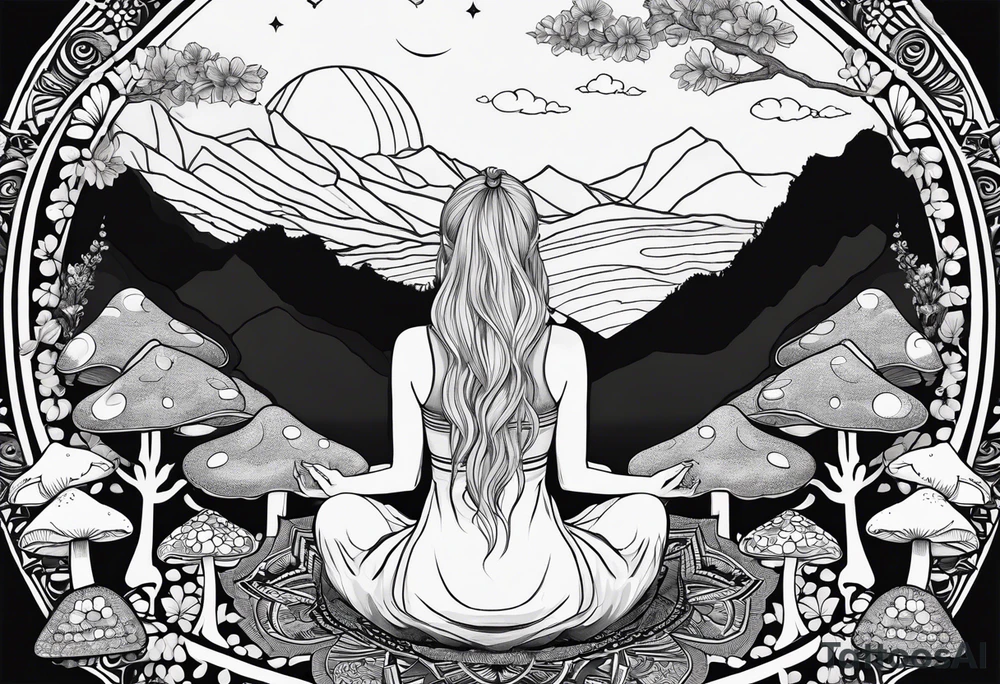 Straight blonde hair girl meditating facing away toward mountains surrounded by mushrooms crescent moon mandala circular design black and white striped dress tattoo idea