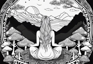 Straight blonde hair girl meditating facing away toward mountains surrounded by mushrooms crescent moon mandala circular design black and white striped dress tattoo idea