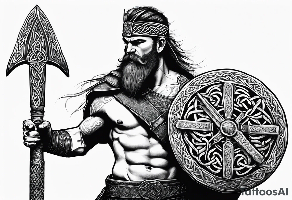 Side full body shot of Celtic warrior with sword and axe. tattoo idea Side full body shot of Celtic warrior with sword and axe. tattoo idea