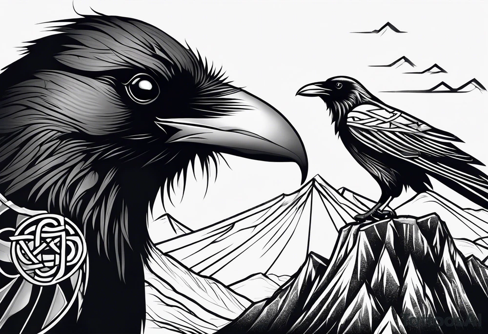 Raven head with Celtic compass and mountain on lower arm tattoo idea