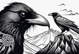 Raven head with Celtic compass and mountain on lower arm tattoo idea