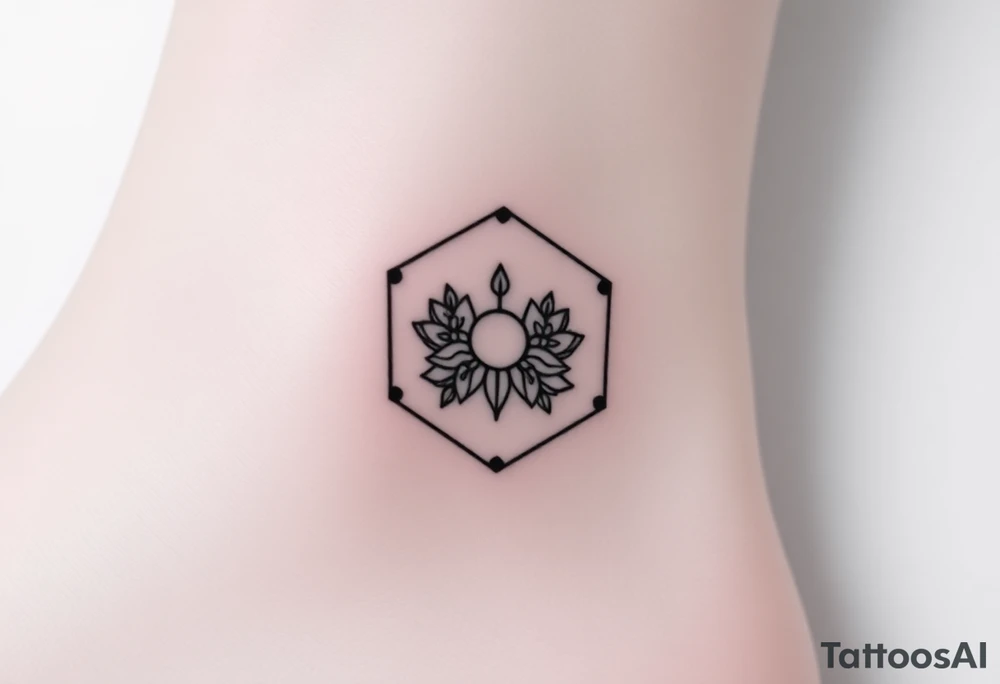 Hexagon with a constellation sign for Leo, larkspur and water lilies in the center tattoo idea