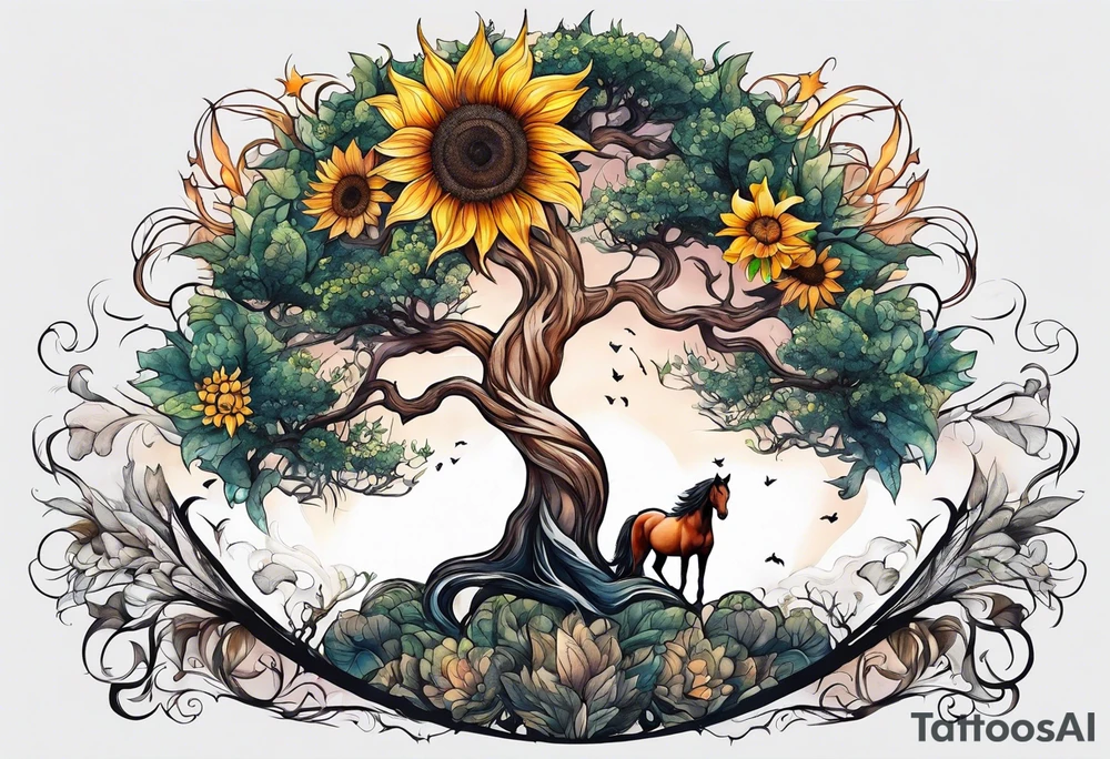 Yggdrasil tree, horse, sunflower tattoo idea