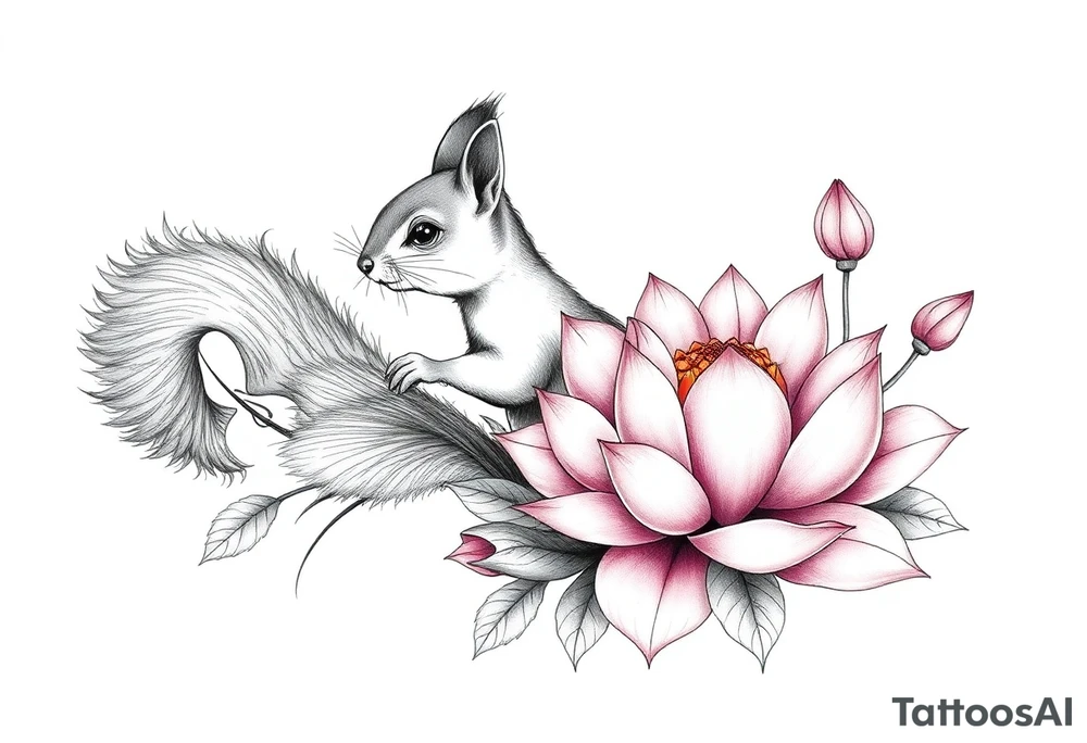 Crazy new school squirrel blooming lotus flowers tattoo idea